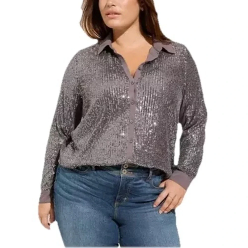 Torrid Gray Madison Sequin Long Sleeve Button Up Shirt Women's Size 3X 22-24 NWT